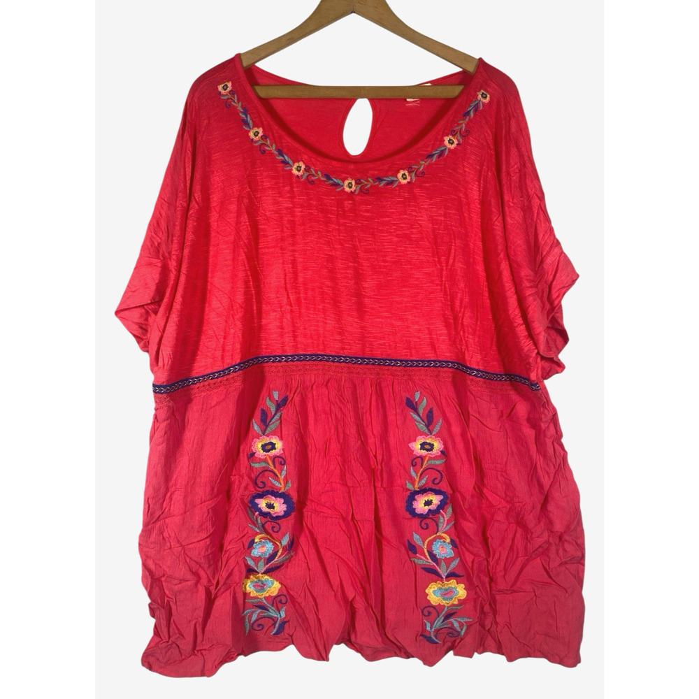 Westbound Top Tunic 1X Coral Pink Embroidered Floral Empire Waist Boho Peasant